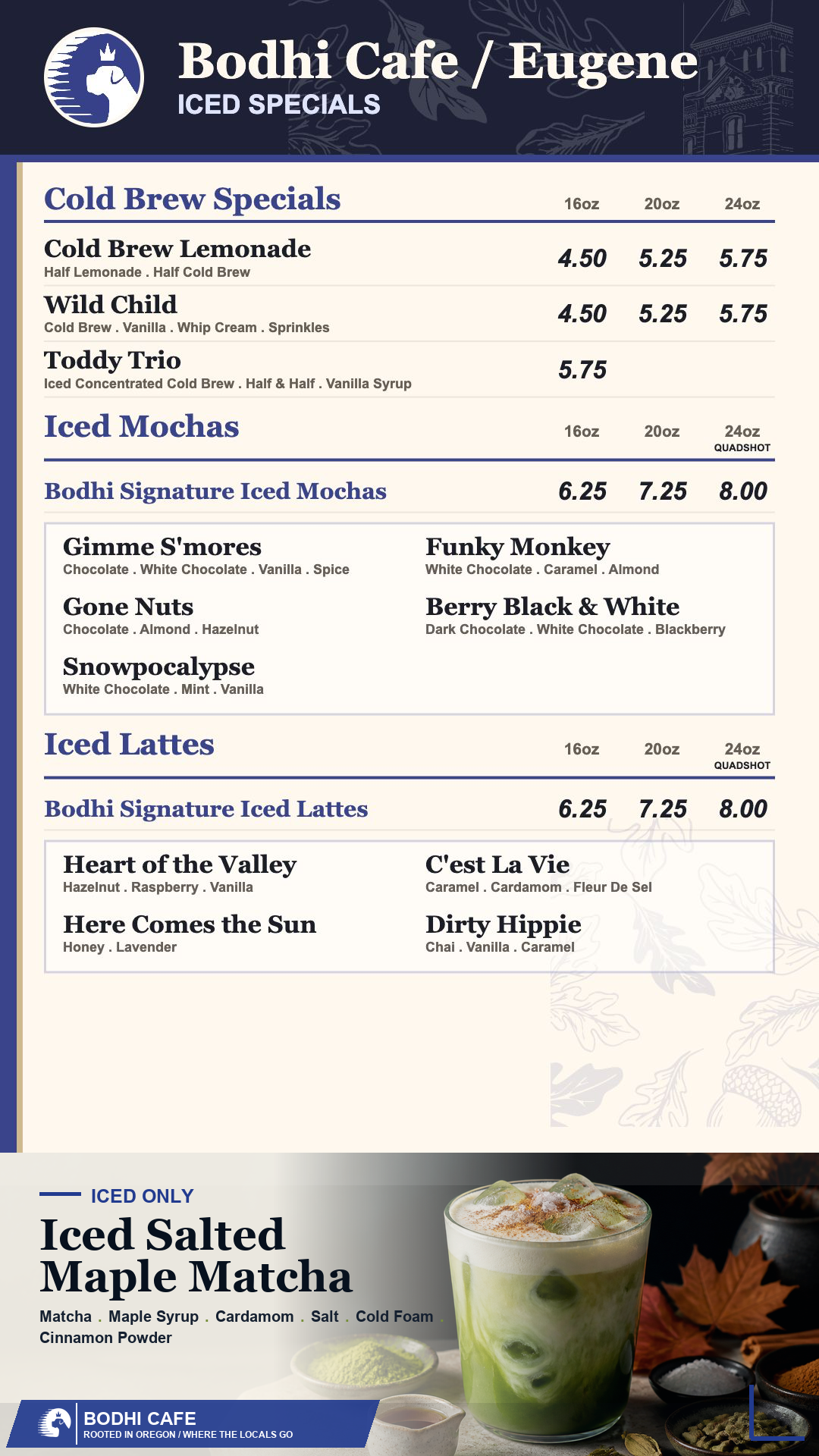 Bodhi Cafe Eugene Iced Specials menu board